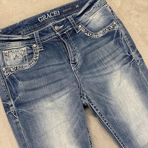 Grace Jeans Women's 28 Easy Fit Embellished Pockets Cropped Whiskered Blue Denim